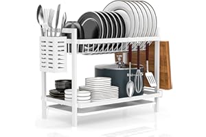 CARASTEK Egoutoire Vaisselle Cuisine Blanc à 2 Niveaux avec Égouttoir Support pour Couverts Planche À Découper sur Évier Égouttoir À Vaisselle pour Assiette D'égouttoir à Vaisselle Compact à pour la Cuisine