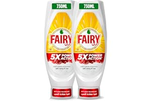 Fairy 5X Power Action Lemon Dishwashing Liquid Soap, 730ml - Pack of 2 | New 5X Power Action, cuts through grease, upside-down anti-leak bottle with long-lasting thick active foam