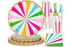 PARTY GO 96PCS Rainbow Party Supplies, Disposable Tableware Set, Includes 9" Plate Paper Plates, 7" Plate Paper Plates, Cups, Napkins, for Picnic, Happy Birthday Party
