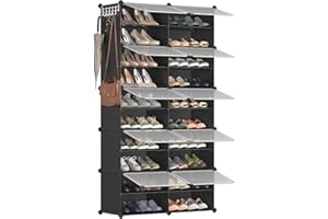 SONGMICS Étagère à Chaussures 10 Compartiments, Étagère de Rangement Modulable, Compartiment de 30 x 40 x 30 cm, Porte, Cadre en Acier, Plastique, pour Couloir, Chambre, Entrée, Noir LPC035B01