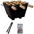 Finiky Fire Grill Portable Charcoal BBQ | Tabletop Design, Easy Assembly, Smoke Circulation | Includes Skewers, Tong, & Spices for Home Use (Black)