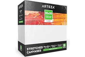 Arteza 20 x 20cm Stretched Square Canvas for Painting, 6 pc, 100% Cotton and Primed with Acid-Free Titanium Acrylic Gesso, for Professional Artists & Hobby Painters, Acrylic Pouring & Painting, White