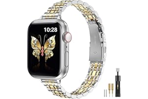 MioHHR Slim Straps Compatible with Apple Watch Strap 38mm 40mm 41mm 42mm(Series 11/10),Thin Stainless Steel Metal Chain Band for Women iWatch Straps Series 9 8 7 6 5 4 3 2 1 SE,Silver/Gold