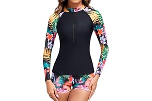 TERODACO Half Zip Women Rash Vest Built in Bra 2 Piece Womens Swim Shorts and Top Set UPF50+ Long Sleeve Ladies Swimsuit Surfing Rash Guard,Quick Dry Soft Stretchy