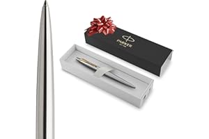 Parker Penna a Sfera Jotter | Acciaio inossidabile con dettagli dorate| | punta media con inchiostro blu | Confezione regalo | Materiale scolastico