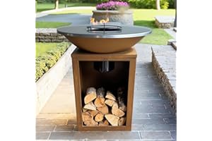 PAKKETPANDA Plancha - BBQ - Barbecue - Acier Corten - Plaque de cuisson - Ø81 cm - Extérieur - Rangement bois - Plancha - Ash Solaris - XXL - Anneau de barbecue - Cheminée de jardin - Barbecue - Aspect luxueux