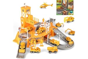 BODERAM Construction Vehicles Truck Toys Set,Kids Mini Engineering Construction Truck Car Track Parking Lot with Play Mat,Helicopter,Excavator Car Garage Toys Gifts for Boys Girls 3 4 5 6 7 8 Years Old