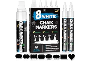 ‎APOGO APOGO Weiß Kreidestifte für Tafel Abwaschbar, 8 Stück Kreidestifte für Fenster, Kreidemarker Kreidestift Set für Glas & Gewürzgläser(15mm, 10mm, 6mm*2, 3mm*2, 1mm*2) und 45pcs Kreidetafel Labels