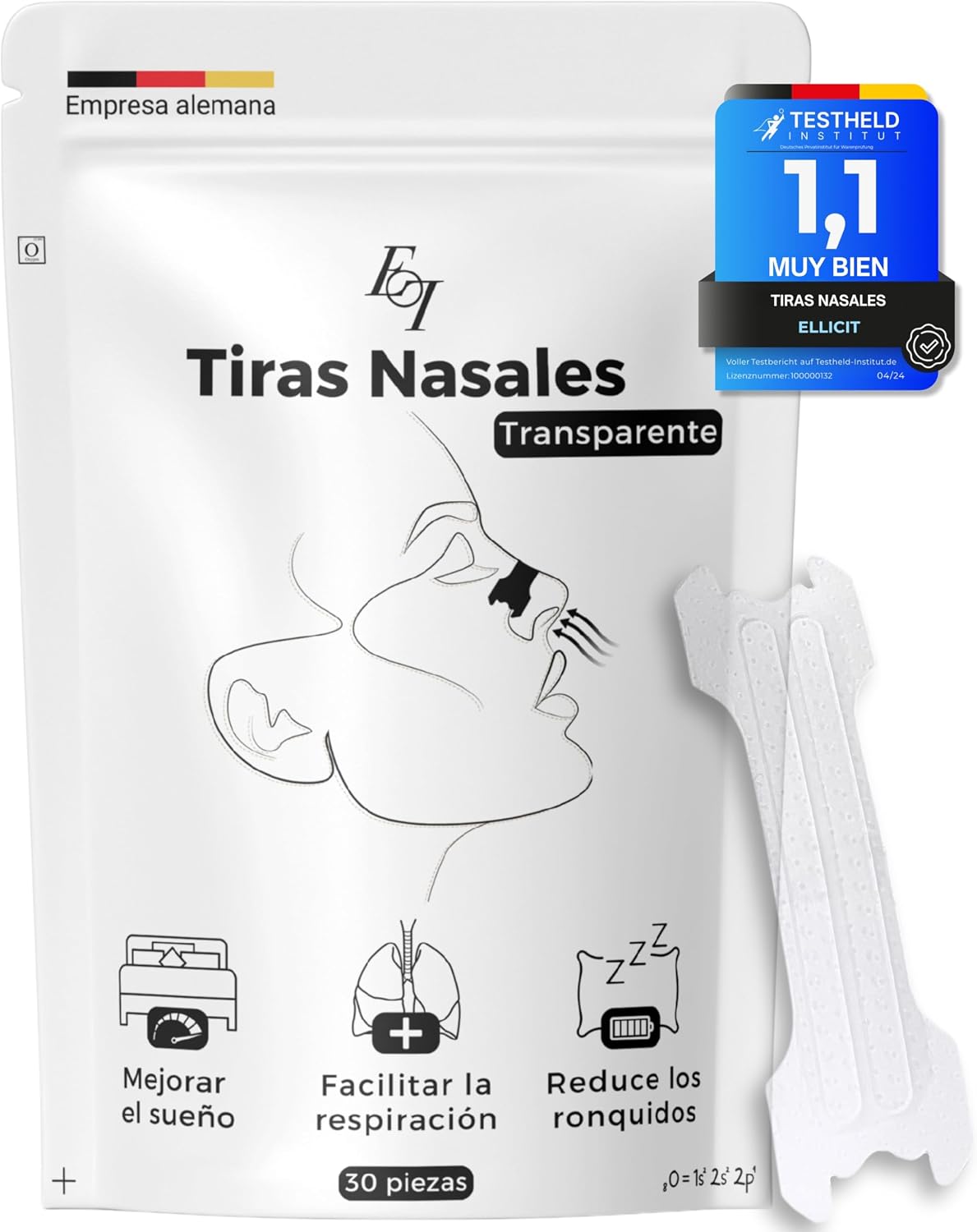 Ellicit Tiras Nasales Transparentes, paquete de 30 tiras nasales premium, contra los ronquidos, soporte extra para deportes y mejor calidad del sueño, mejor respiración con la nariz tapada