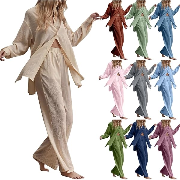 Ensemble En Lin Pour Femme - Taille Grande - Combinaison Pantalon Et Chemisier - Style Décontracté Et Léger