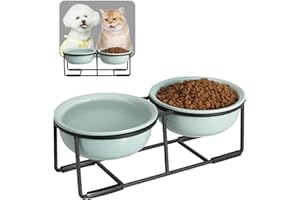 AHX Comedero y Bebedero Elevado para Perros - Cuencos Dobles de Cerámica con Soporte Metálico para Comida y Agua - Ideal para Gatos y Perros Pequeños - 2 x 400 ml - Verde