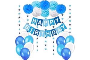Geburtstagsdeko Jungen, Junge Kindergeburtstag Deko, Geburtstag Dekoration Set. Happy Birthday Wimpelgirlande,8 Blumenpuscheln,6 Meter Girlande mit Sternen,12 Ballons Blau Weiß Türkis