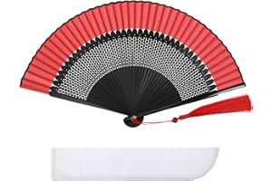STYQUENZER Folding Hand Fan for Women, Foldable Chinese Japanese Vintage Bamboo Silk Fans Handheld Bamboo Silk Folding Fan Decorative Fans for Party, Dancing, Wedding, Cosplay, Gifts (8.27", Black and Red)