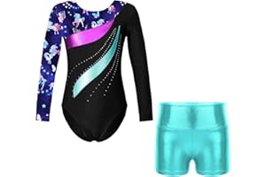 ranrann Enfant Fille Justaucorps Gymnastique Brillant avec Short Ensemble Danse Gym Métallique Costume Spectacle 5-14 Ans