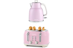 Salter Retro Pink Kettle & Toaster Set – 1.7L Fast Boil Kettle with Removable Limescale Filter, 4-Slice Wide Slot Toaster for Thick Bread/Bagels, Blue Indicator Lights, Vintage Design, 3kW/1630W