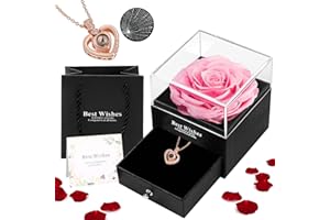 Smooce Preserved Rose with Necklace,Gift Box with Love You Necklace,Eternal Handmade Rose for Her Woman Wife Girlfriend Mother on Birthday, Anniversary,Valentine's Day,Mother's Christmas (Pink)