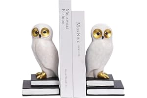 MAISON DES CADEAUX Wise White Snow Owl Book Ends Decorative Unique Cute Bookends For Kids Home Office Decor Book Shelf Holder Modern Fun Resin Animal (NP1)