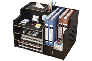 CATEKRO Organizer na biurko, drewno, pudełko do przechowywania, na biurko, cztery bezpłatne linijki, system porządkowania biurka, brązowy, oszczędzający miejsce organizer na biurko (czarny)