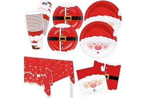 HNH Christmas Paper Plates, Napkins, Paper Cups, Dessert Plates, Table Cover Set 101 Pieces Santa Claus Party Tableware for Table Decorations