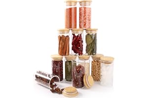 FoiiLiio Set da 12 Barattoli Spezie - 150ml Barattoli per Spezie con Coperchio in Bambù, Contenitori Spezie per Cucina Ermetici, Trasparente Vasetti Spezie con Etichette - Lavabili in Lavastoviglie