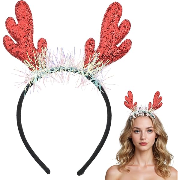 Weihnachten Geweih Haarreif Mit Glöckchen - 2 Stück, Rentier Stirnbänder Mit Glitzer Für Damen & Kinder, Weihnachts Party