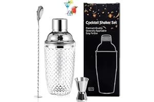 HXXWEUS Shaker à Cocktail en Verre, Shaker à Martini en Verre pour Cocktails, Shaker à Cocktail en verre Transparent Argenté de 400ML, avec Doseur en Acier Inoxydable et Pelle, pour la Maison, le Bar