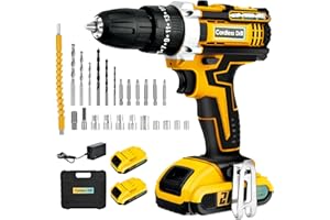 YEMETEY Cordless Drill Driver 21V, Cordless Hammer Drill with 2 Batteries 2.0Ah, 45 Nm Electric Drill, 2-Speed, 25 + 3 Torque, 3/8"Chuck, LED Light, 24Pcs Drill Bits for Home and Garden DIY Project