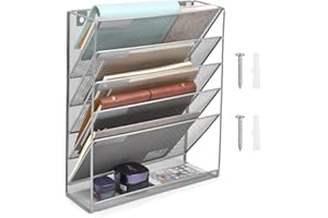 VEUWOLM Portariviste Scrivania per Documenti Ufficio Rete Metallica da Parete Portariviste Rack da Ufficio Scrivania Portadocumenti 5 Scomparti con Vassoio, 40x10,5x32,5 cm