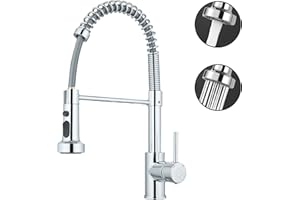 MILOT Kitchen Sink Mixer Tap, Spring Faucet with Pull Down Sprayer, 2 Spray Mode High Arc Swivel 360, Brass Single Lever Pull Out Kitchen Tap, Polished Chrome
