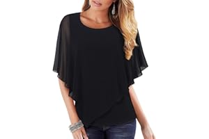 Vafoly Damen Chiffon Lose Fledermaus Bluse mit Kurzen Flatter ärmel Leichte Fließende Bluse Rundhalsausschnitt Doppellagige Poncho Tuniken