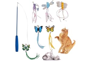 SYH&AQYE Juguete Pluma de Gato Interactivo, 1 PCS Varita y 6 PCS Mariposas de Colores Juguetes de Plumas con Campana, Juguete de Cazador de Gatos para Gato Jugar Solo Juguetes Interior Gatitos