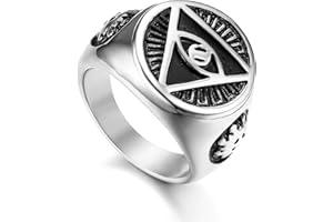 Flongo Anillo de Sello Grande Anillo de Hombre Acero Inoxidable La Pirámide con El Ojo que Todo Lo Ve, Anillo Ojo de Horus Egipcio
