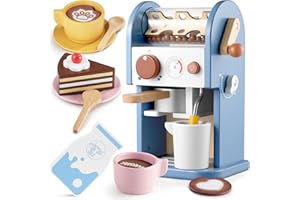 GAGAKU Drewniany ekspres do kawy dla dzieci, z dźwiękiem, 15 części, kuchnia dla dzieci, zabawka z dźwiękiem, kawa dla dzieci, kuchnia, akcesoria do zabawy, młynek do kawy, prezent dla chłopców i