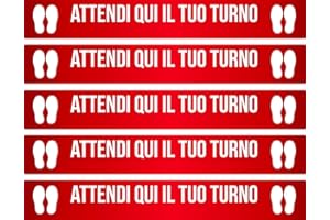 mural stickers Adesivi CALPESTABILI - ASPETTA Qui Il Tuo Turno - Striscia - Linea - Riga - DISTANZIAMENTO Sociale - Locali - Negozi - ATTIVITA' Commerciali - STRISCIA2 Rosso 5 Pezzi - 60 X 8 CM