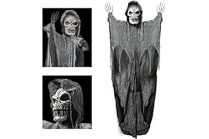 Prextex Halloween Decorations - 6FT Hanging Skull Grim Reaper, Life Size Skeleton, Animated Props - Perfect for Outdoor and Garden Decor, Wall Hanging, Halloween Tree, and More