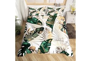 Homemissing Set di biancheria da letto con motivo floreale con foglie tropicali e rami di foglie verdi dorate, per bambini, copripiumino estivo, 3 pezzi, per letto matrimoniale