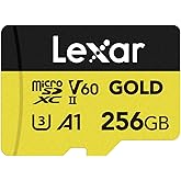 Lexar GOLD 256GB Micro SD Card, microSDXC UHS-II Memory Card, V60, U3, A1, C10 microSD Card, Reading up to 280MB/s, Drone/A