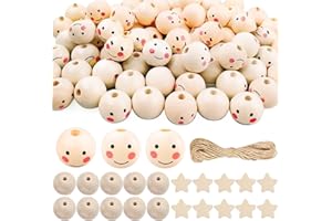 UIRHEURD 100 Stück Holzkugeln mit Loch ,Holzperlen mit Gesicht 20mm Holzperlen Natur Rund Holzperlen zum Auffädeln mit 5mm Loch Mit klarem Perlenseil für dekorative Bastelarbeiten, DIY-Schmuck, Armband