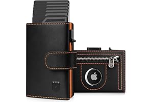 DODENSHA AirTag Wallet, RFID Blocking Genuine Leather Pop Up Credit Card Holder Wallet with Coin Pocket, ID Window, Banknote Compartment & Snap Closure