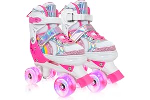 MammyGol Roller Skates for Girls Kids, 4 Size Adjustable Rainbow Quad Skates with All Light Up Wheels for Toddlers Boys Outdoor Indoor