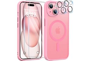 YisrLery 5-in-1 Kompatibel mit iPhone 15 Hülle mit 2 Stück Schutzfolie und 2 Stück Kameraschutz Militärnorm Schutz, PC Kratzresistente Rückseite Stoßfest Magnetische Hülle(Rosa)