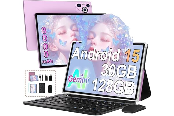 Tablette Android 15 10" à coque métallique, 30 Go de RAM et clavier-souris, 128 Go de ROM/TF 1 To Extensible, 8000 mAh,UFS 2.1 flash , octa-cœurs, WiFi 5G, BT5.0, 8 MP + 5 MP, Widevine L1 - Violet