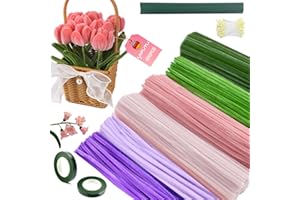 LaifuTu Pack of 600 Pipe Cleaners, Pipe Cleaners for Crafts with 20 Green Craft Wire, 100 Stamens, 2 Flower Ribbon, 6 Colours Pipe Cleaners for Crafts, Pipe Cleaners for Bouquet Tulips DIY