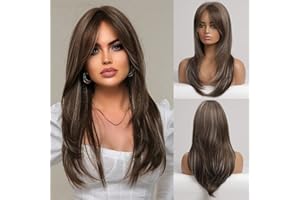 HAIRCUBE Zasłona Bangs, długa, jasnobrązowa domieszkowana biała peruka, rozszerzona hierarchiczna fryzura, syntetyczne włosy, peruki dla kobiet, z hitem