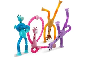 Boxgear 4 Pieces LED Telescopic Suction Cup Giraffe Toy, Shape Changing Telescopic Tube Fidget Toys, Pop Tubes, Fidget Tubes Sensory Toys for Girls Boys (Giraffe)