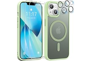YisrLery 5-in-1 iPhone 13 Hülle für Mag Safe mit 2 Stück Panzerfolie und 2 Stück Kameraschutz Militärnorm Schutz, PC Kratzresistente Rückseite Stoßfest TPU Bumper Magnetische Hülle 6,1'' (Hellgrün)