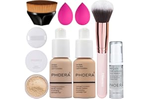 HILARECO PHOERA Fond de Teint Couvrant Et Face Primer Liquide Couverture Complète Foundation Correcteur,PHOERA Poudres,Pinceaux Fond de Teint Et Pinceau Poudre (102 Nude + 104 Buff Beige)