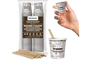 bioexxe Kit completo Vasos desechables 100 uds 75ml + 100 uds palitas de café desechables Vasos cafe de pequeño formato para espresso italiano (blanco)