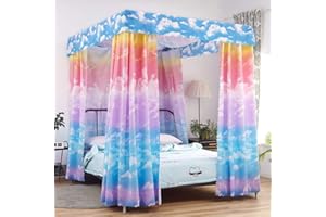Mengersi Canopy Bed Curtains for Girls Full Size, Cloud Sky Rainbow Pattern Bed Curtains for Bedroom Girls Room Decor(Pink and SkyBlue)