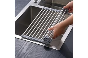 ViWaVee Scolapiatti da Appoggio, Pieghevole e Rimovibile in Acciaio Inossidabile sopra il Lavello della Cucina, Organizer da Cucina Tappetino Scolapiatti per Tazze, Frutta, Verdura-Grigio